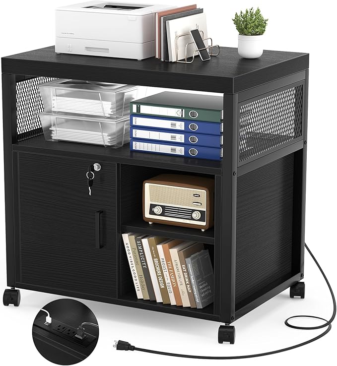 Rolling File Cabinet with USB Charging and Lockable Storage