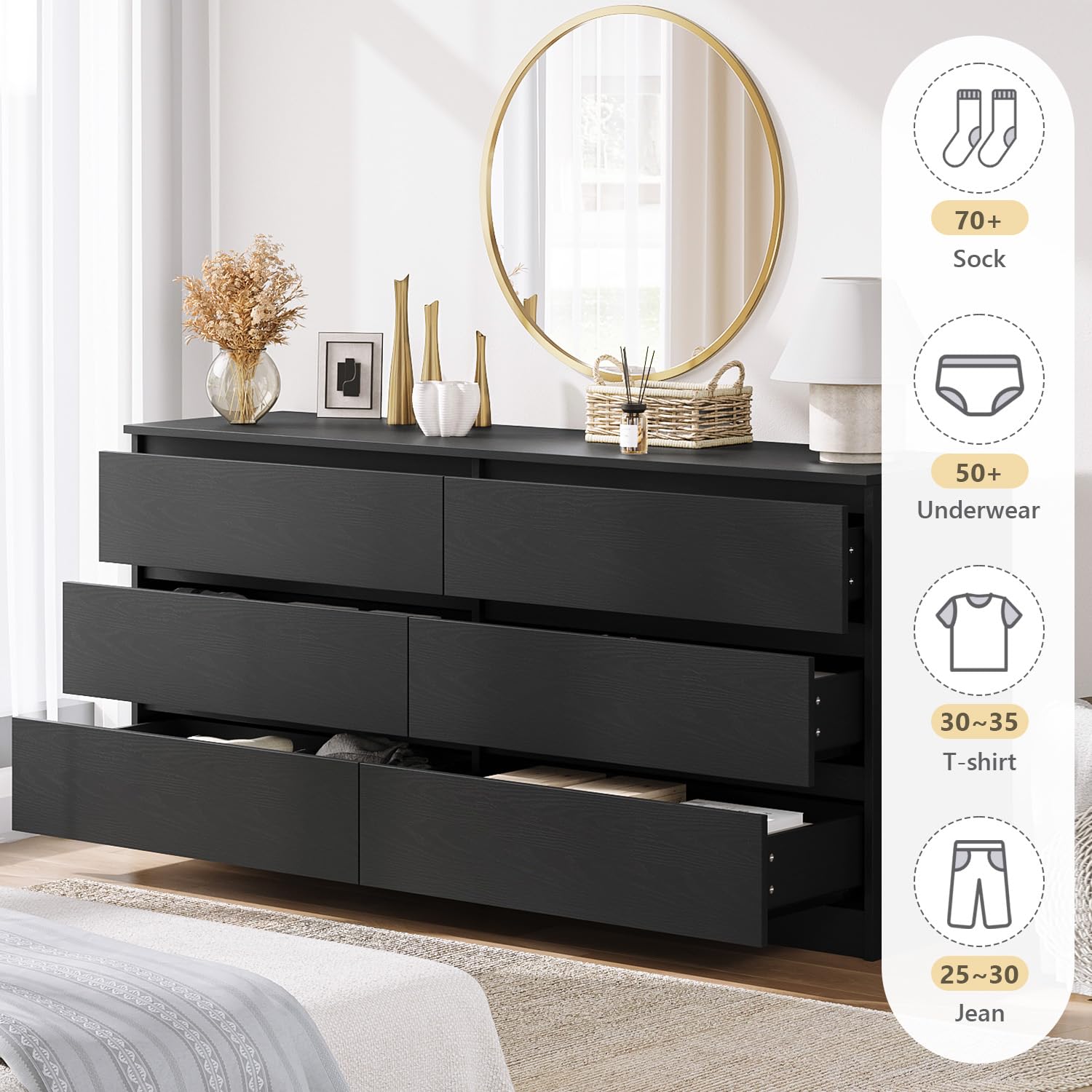 59 Inch Modern 6 Drawer Dresser Black