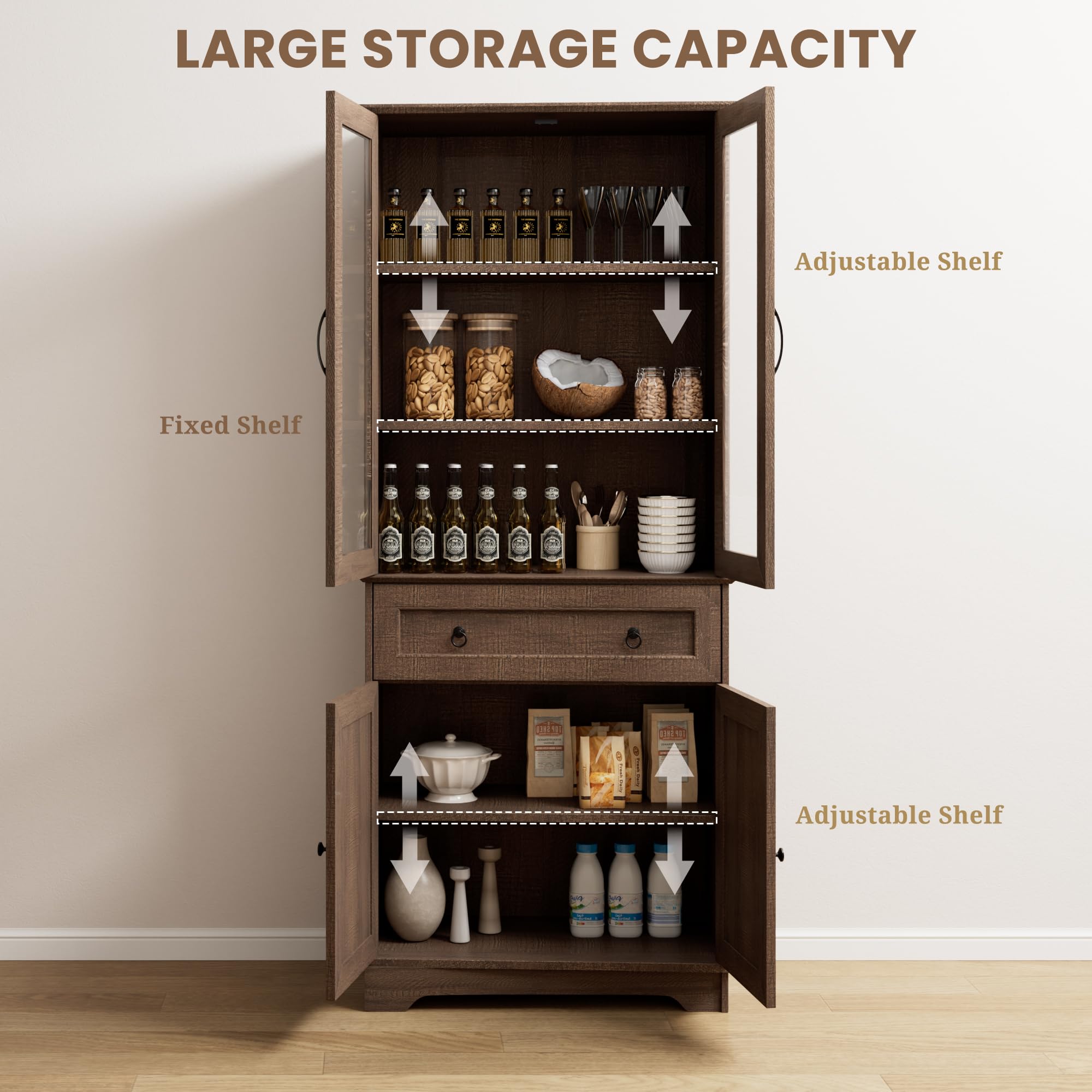Tall Kitchen Pantry Cabinet with Glass Doors