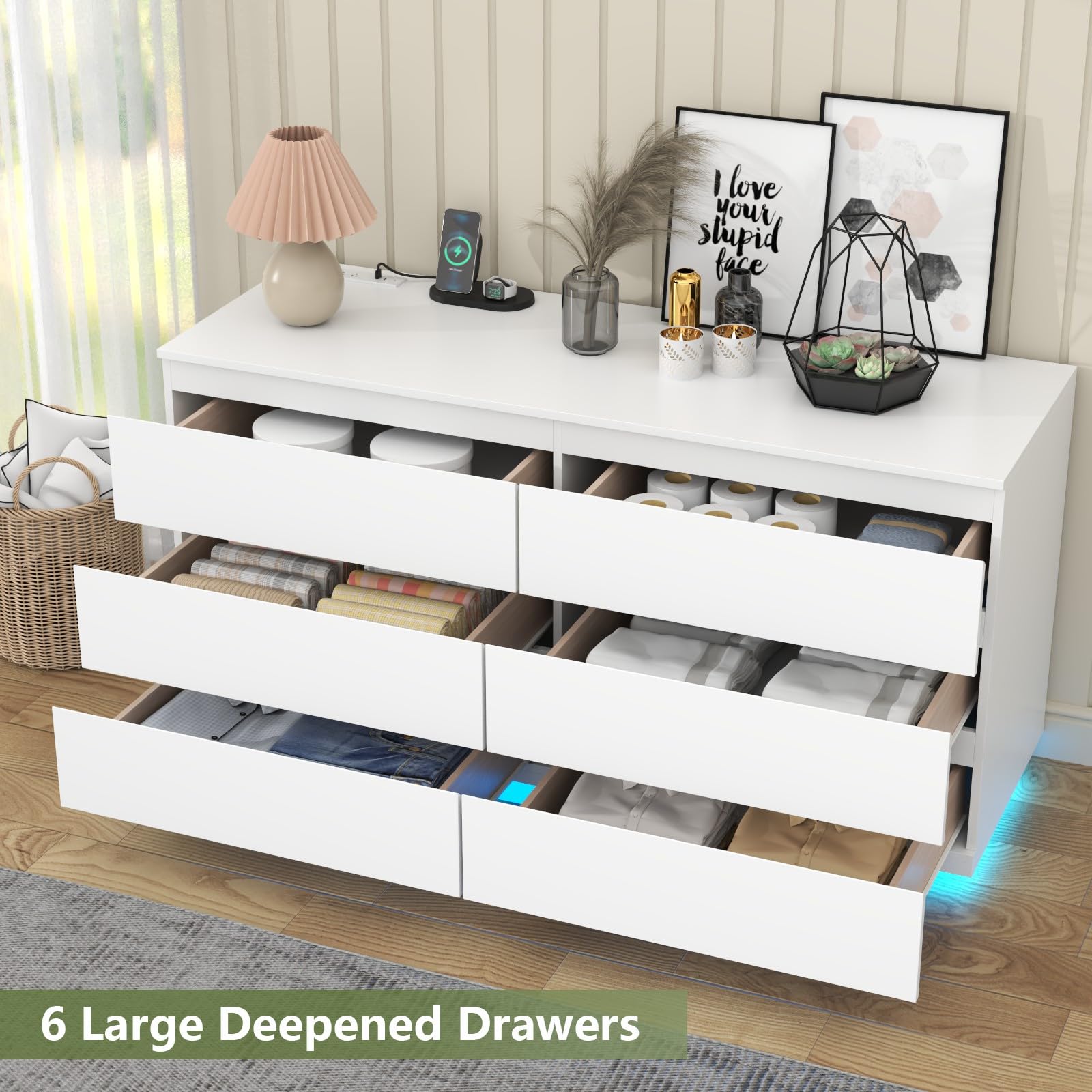 6 Drawer Dresser with Power Outlet and LED Light