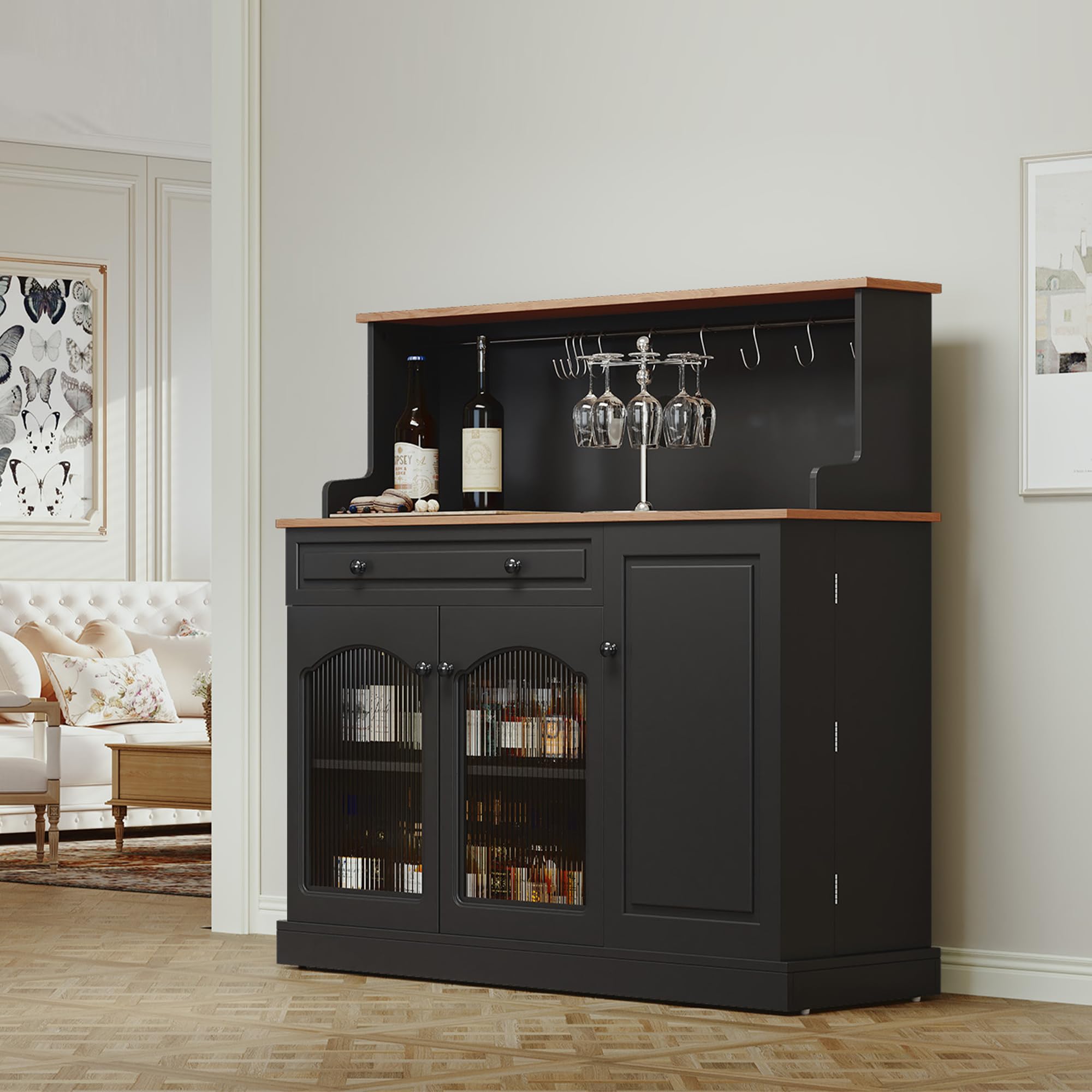 Coffee Bar Cabinet with Storage and Glass Doors