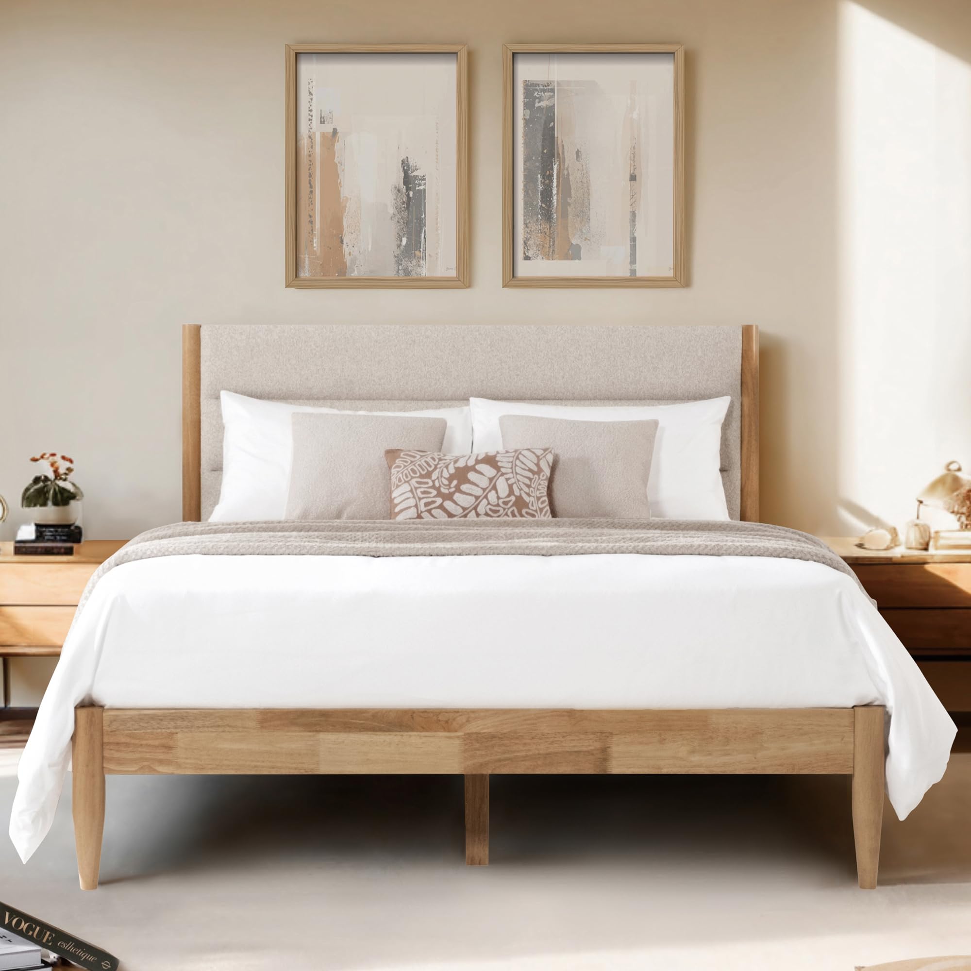 Wood Bed Frame with Upholstered Headboard
