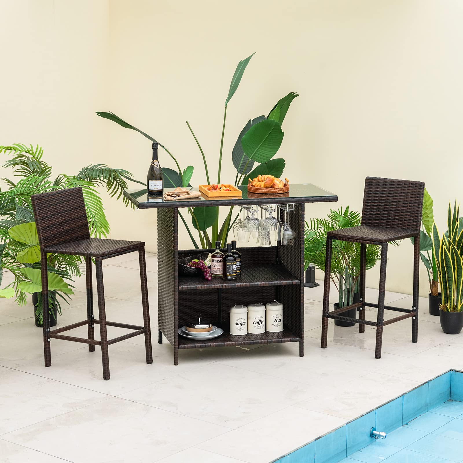 3-Piece Outdoor Bar Set with Stemware Racks