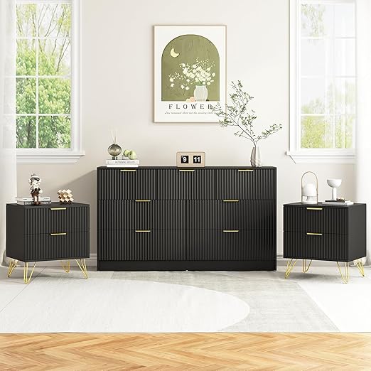 7 Drawer Dresser and Nightstand Set - White with Gold Handles