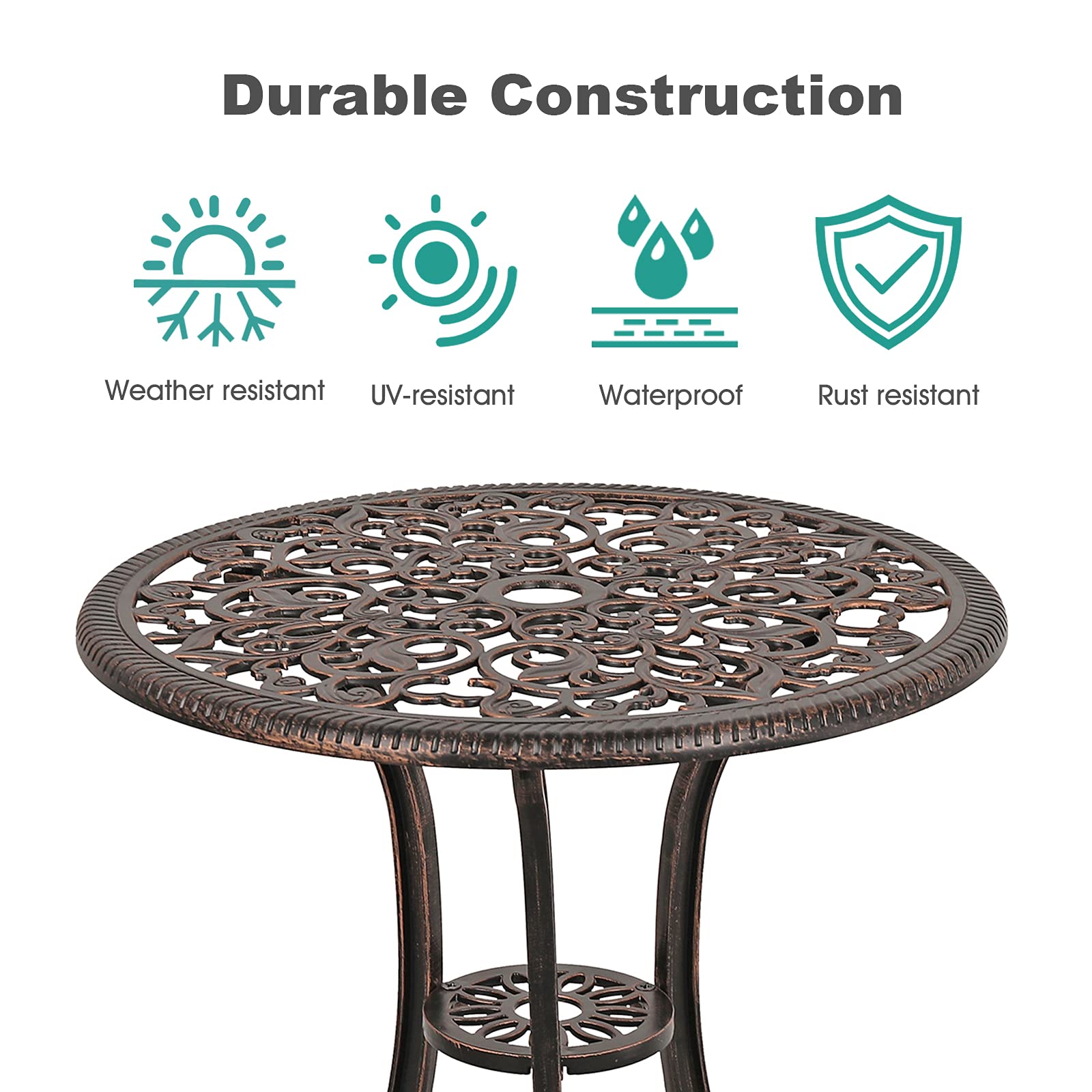 COBANA 3 Piece Outdoor Bistro Set, All Weather Cast Aluminum Patio Dining Retro Table and Chairs with 2’’ Umbrella Hole, Bronze