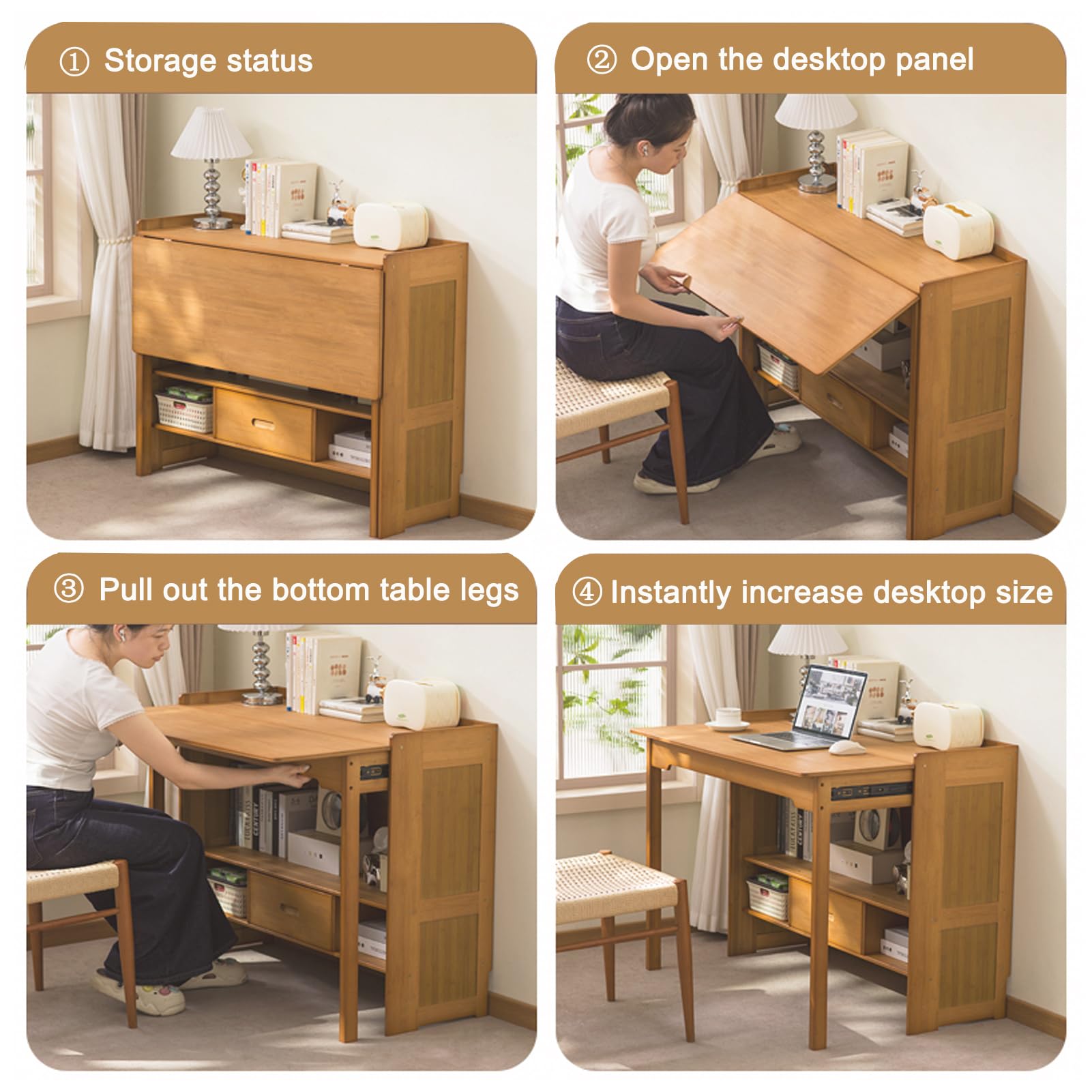 Bamboo Folding Desk with Bookshelf and Drawer