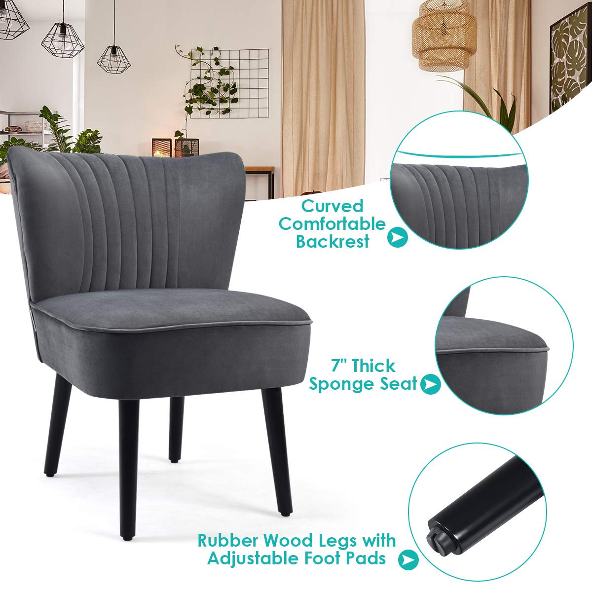 Velvet Accent Chair Set of 2 - Modern Mid-Century Upholstered Armless Side Chair with Curved Backrest
