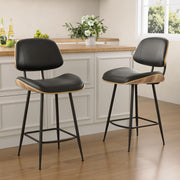 Mid Century Modern Barstool Set of 2 - PU Leather Counter Height Stools with Walnut Bentwood Back