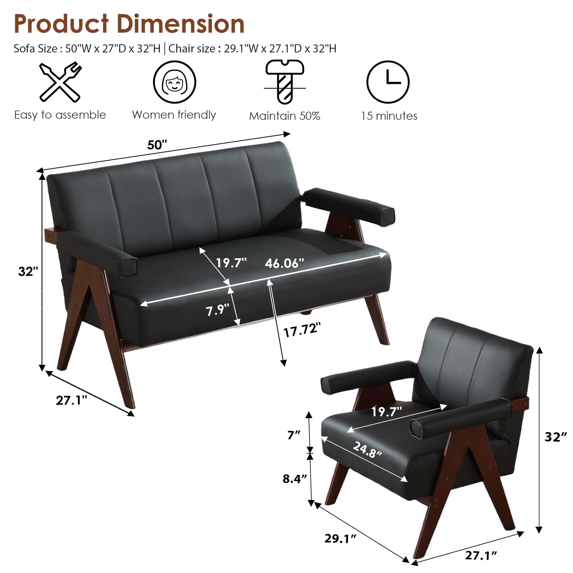 Black Leather Loveseat Sofa and Accent Chairs Set - 3 Pieces