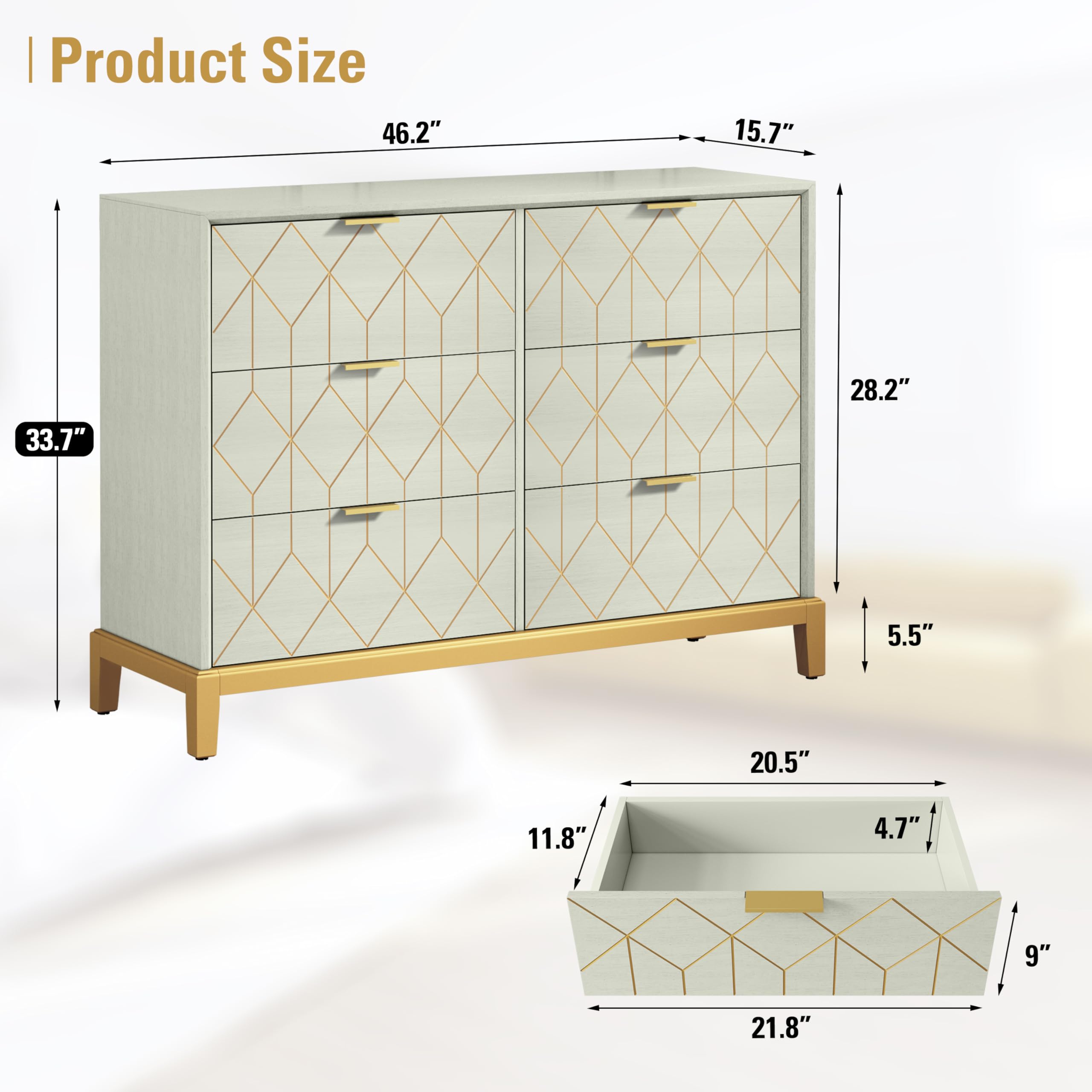 Green Dresser with 6 Drawers - 48" Wide Chest with Gold Carved Design