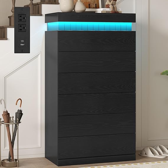 Tall Black 8-Drawer Dresser with LED Light and Power Outlet