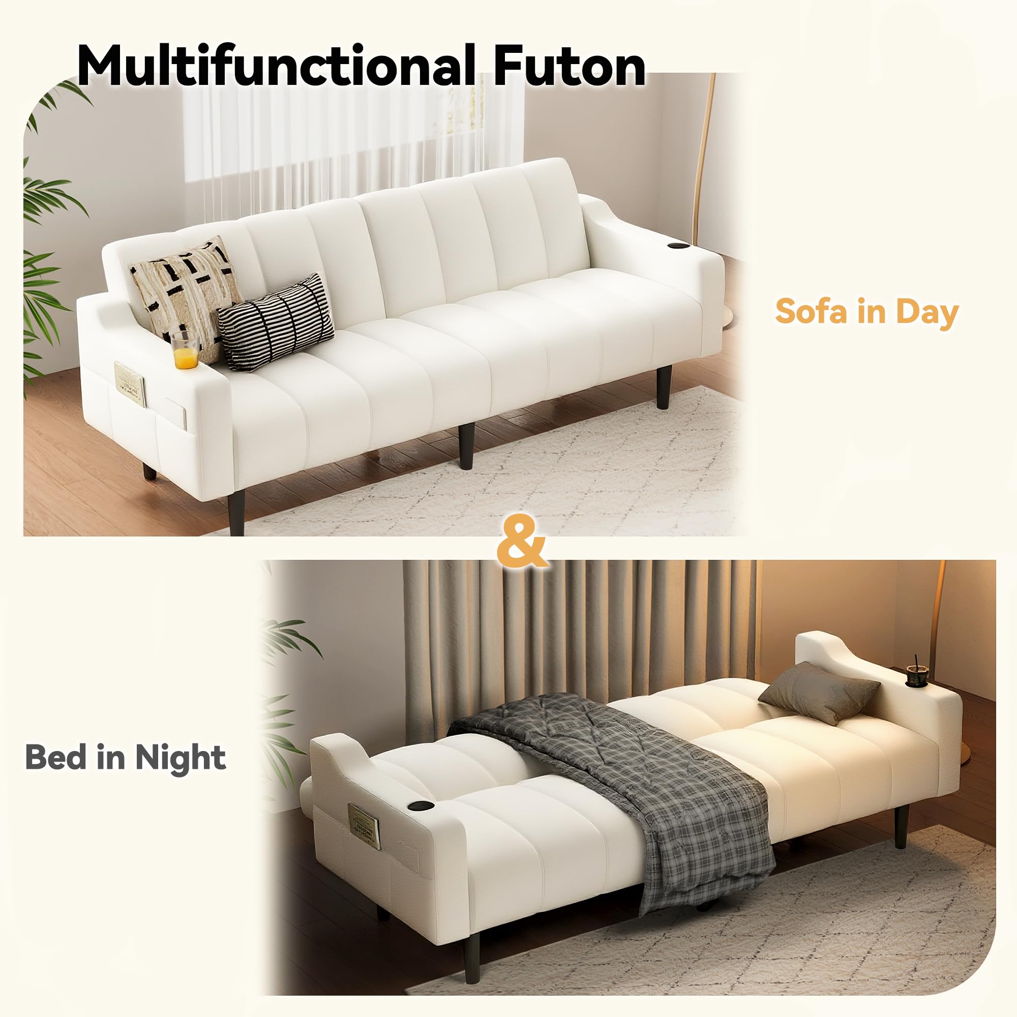 80 Inch Faux Leather Futon Sofa Bed with Adjustable Backrest