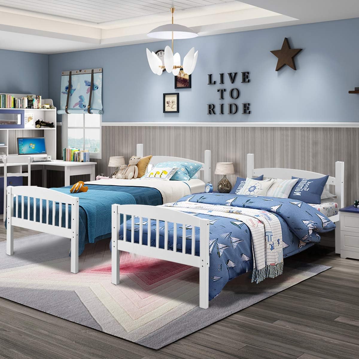 Twin Over Twin Bunk Bed with Ladder and Safety Rail
