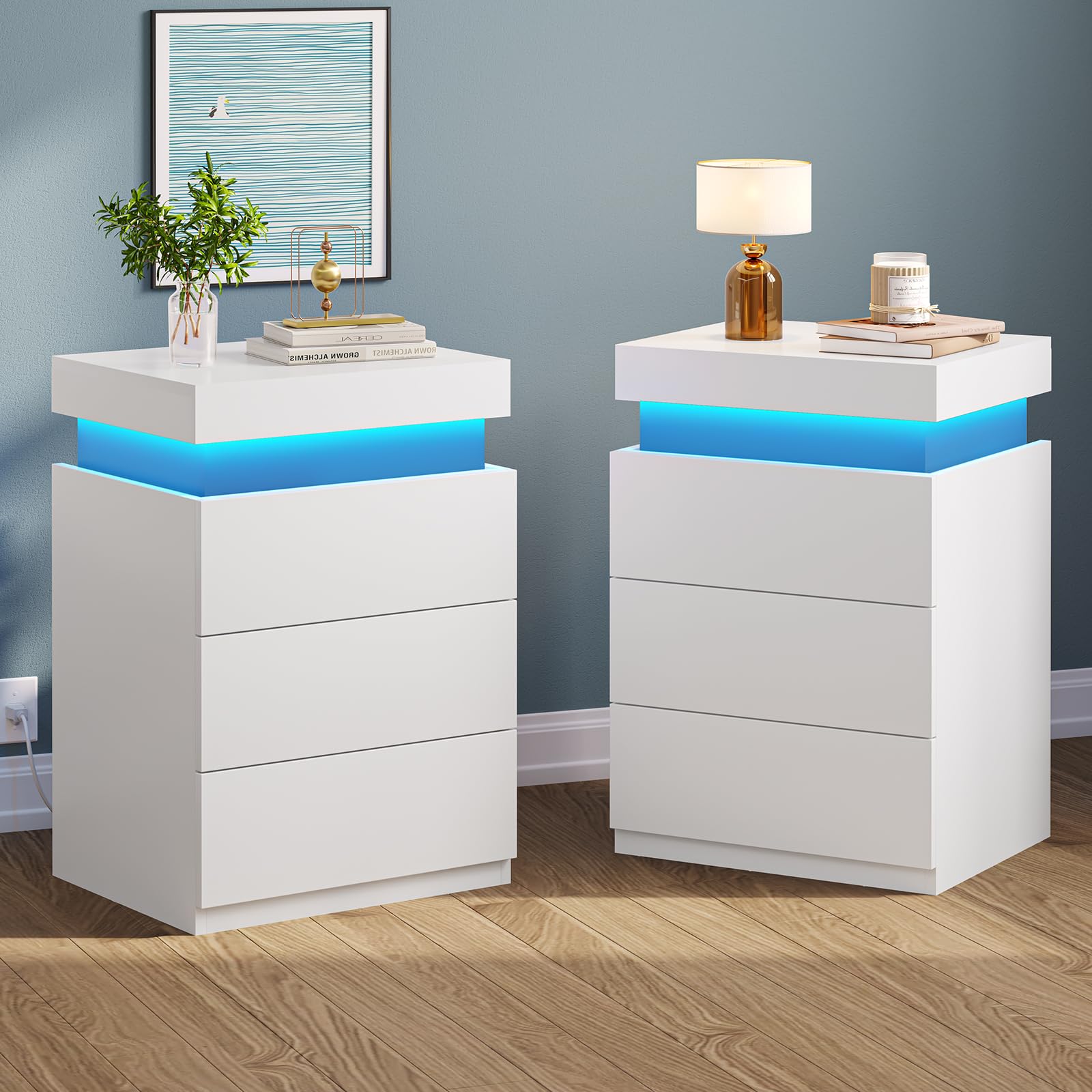 LED Nightstand with Charging Station and Sliding Top
