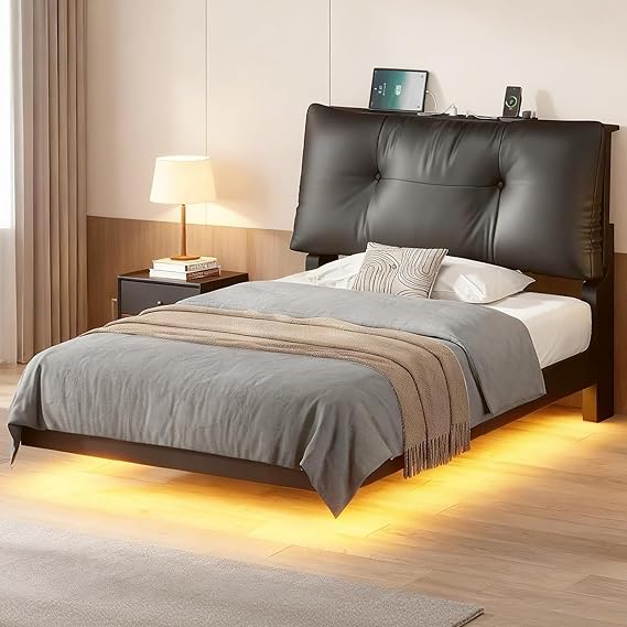 Full Size Upholstered Bed Frame with LED Lights, Storage Drawers & Charging Station