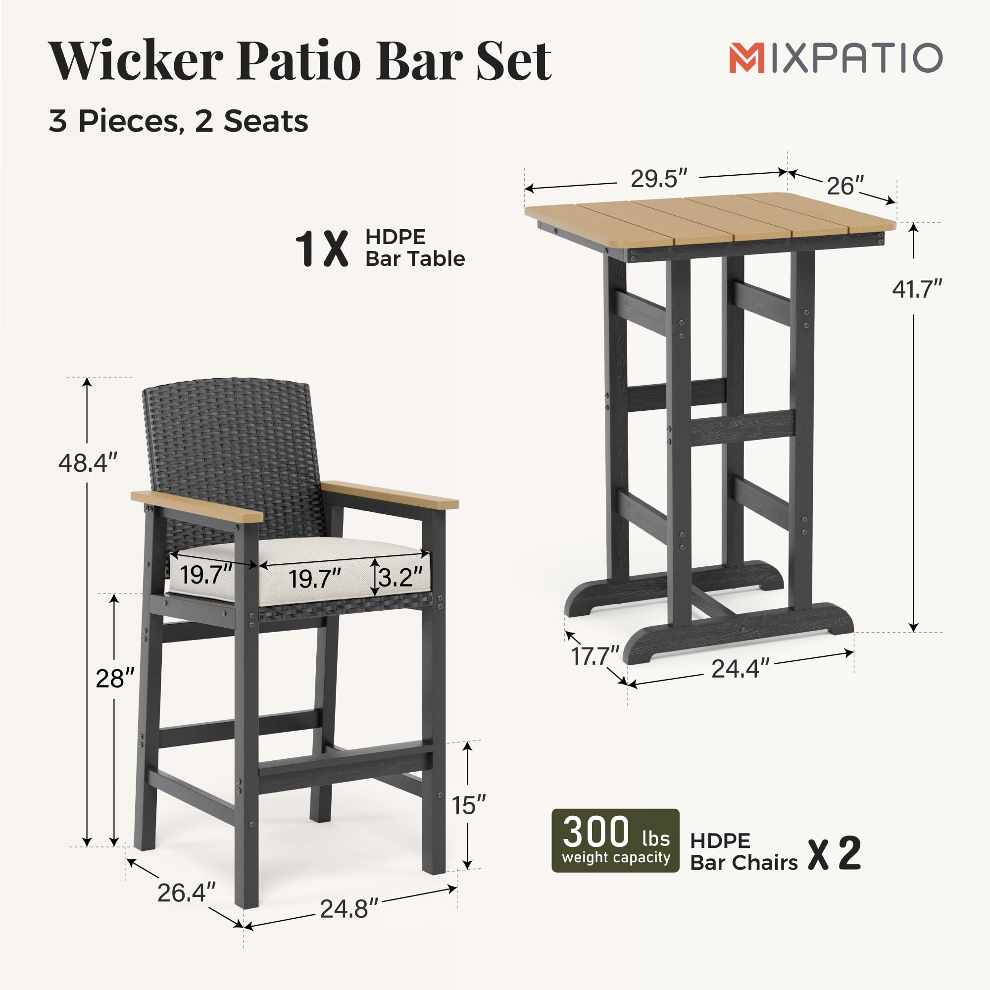 3-Piece Outdoor Bar Set with Wicker Backrest and Cushions