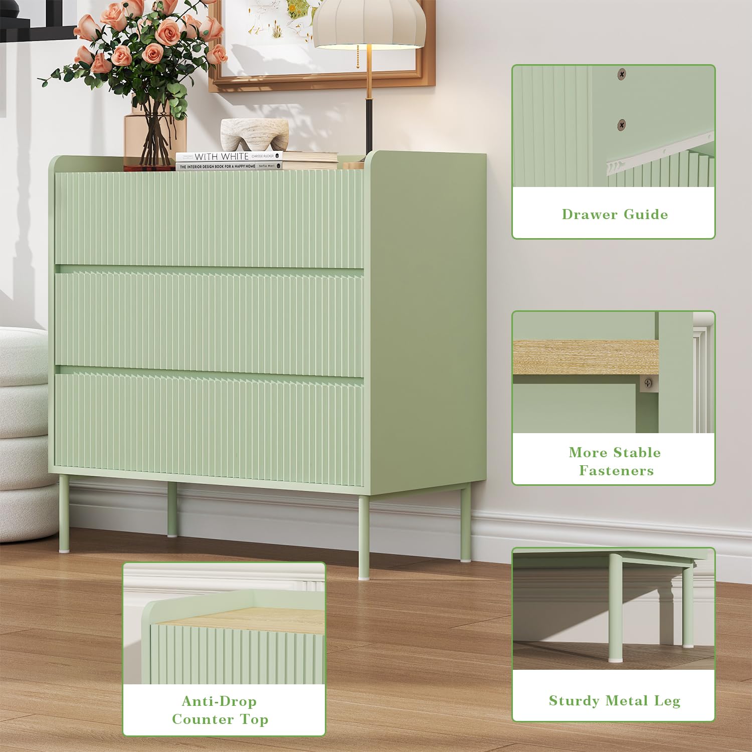 Green 3 Drawer Fluted Dresser