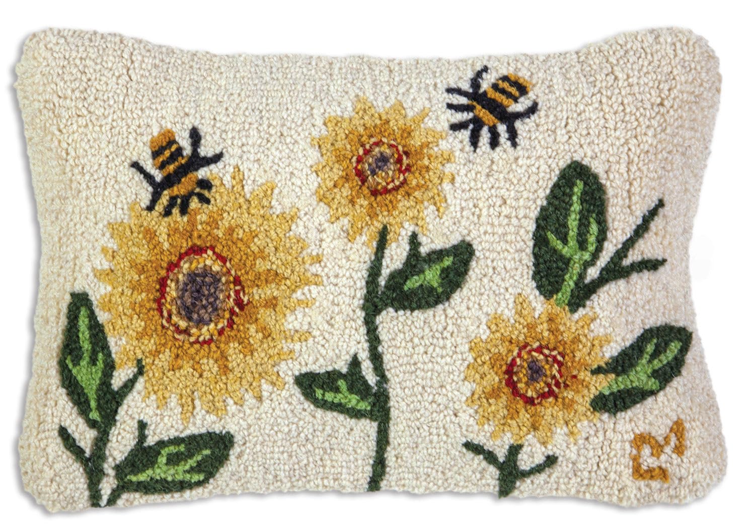 Sunflower Bees Hand-Hooked Wool Throw Pillow