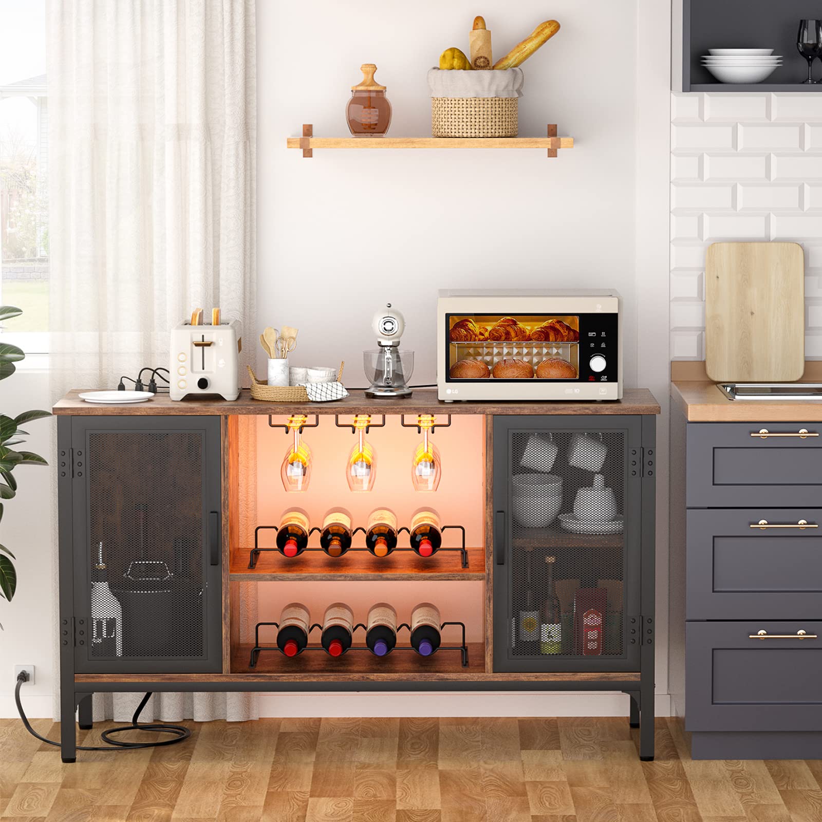 Industrial Bar Cabinet with LED Lights and Wine Rack