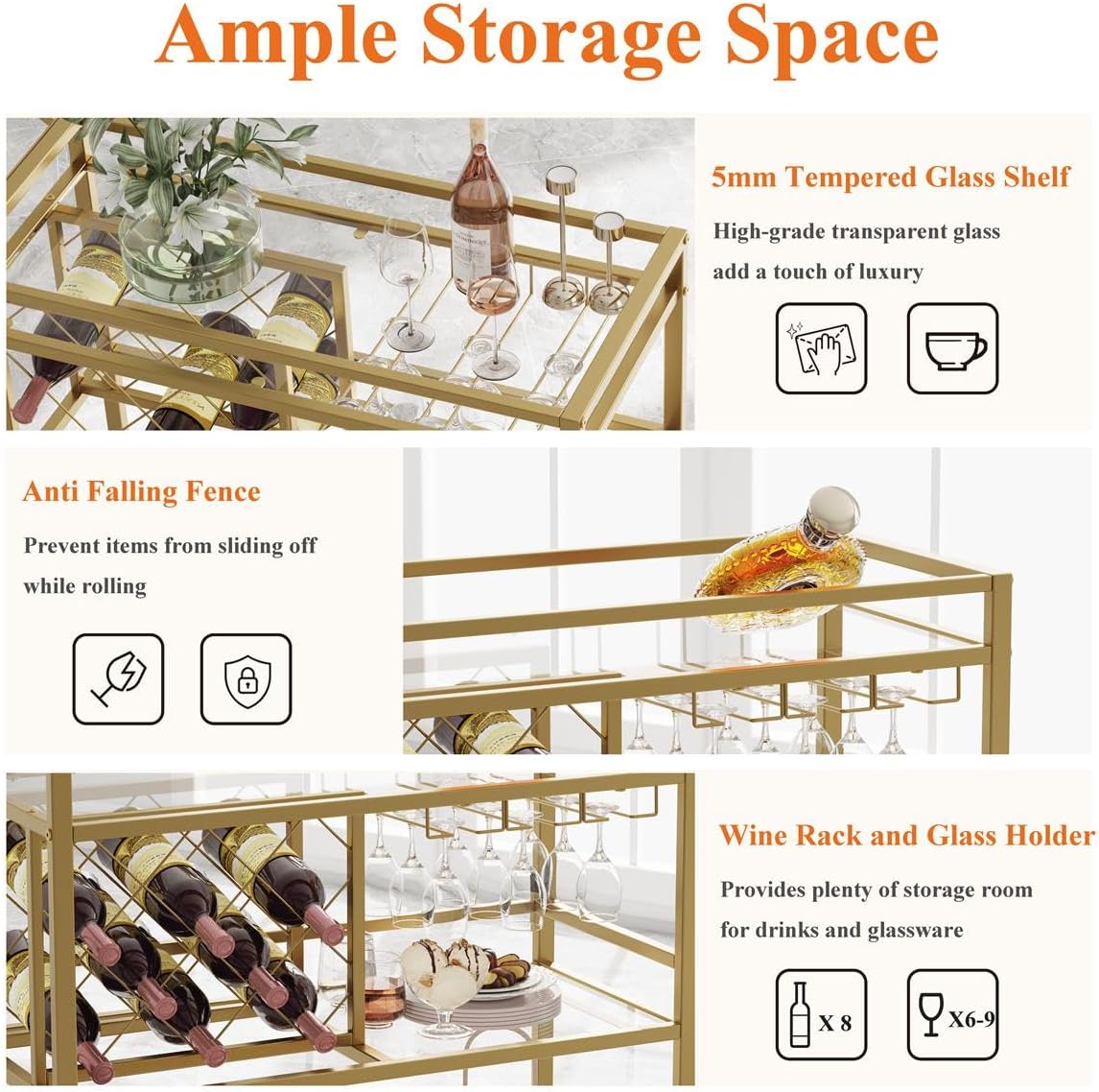Gold Bar Cart with Wine Rack and Glass Holder