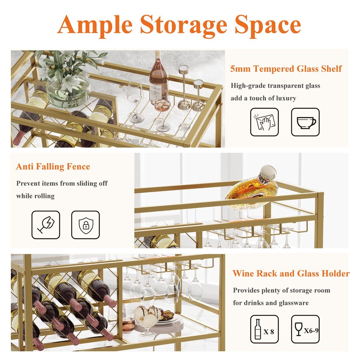Gold Bar Cart with Wine Rack and Glass Holder