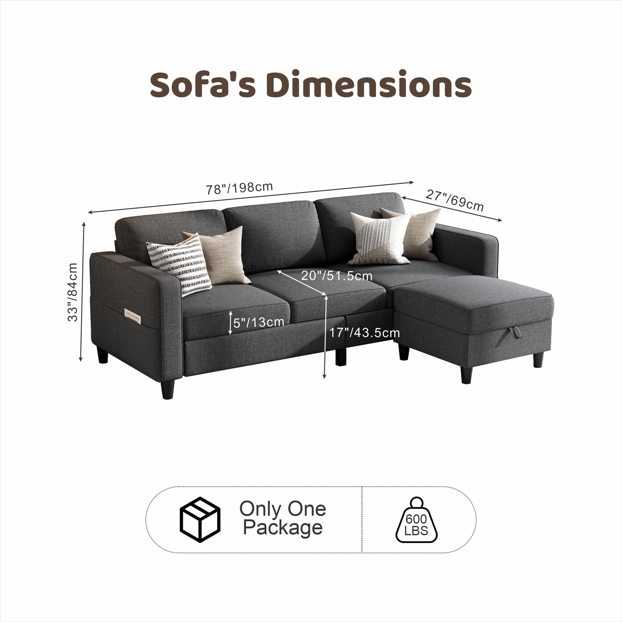 78" L-Shaped Sectional Sofa with Storage Ottoman