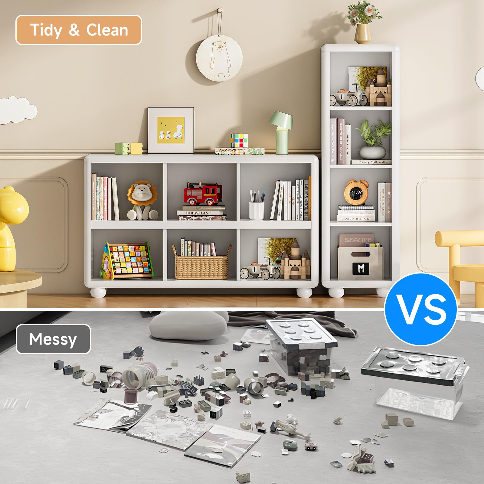 ONBRILL Wooden Bookcase with 6 Cube Storage, Kids Bookshelf with Sphere Foot, Sturdy Toy Storage Organizer, Safe Rounded Corners Bookcase for Living Room, Playroom, Nursery (White)