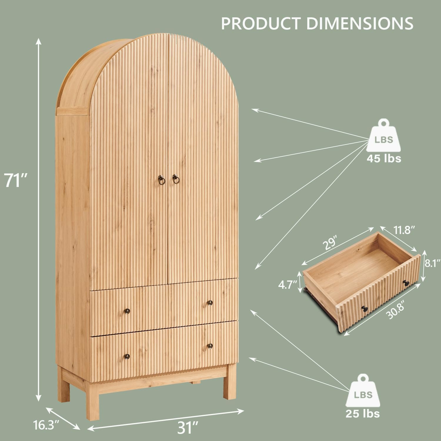 Fluted Arched Pantry Cabinet 71" Tall Kitchen Storage with Adjustable Shelves