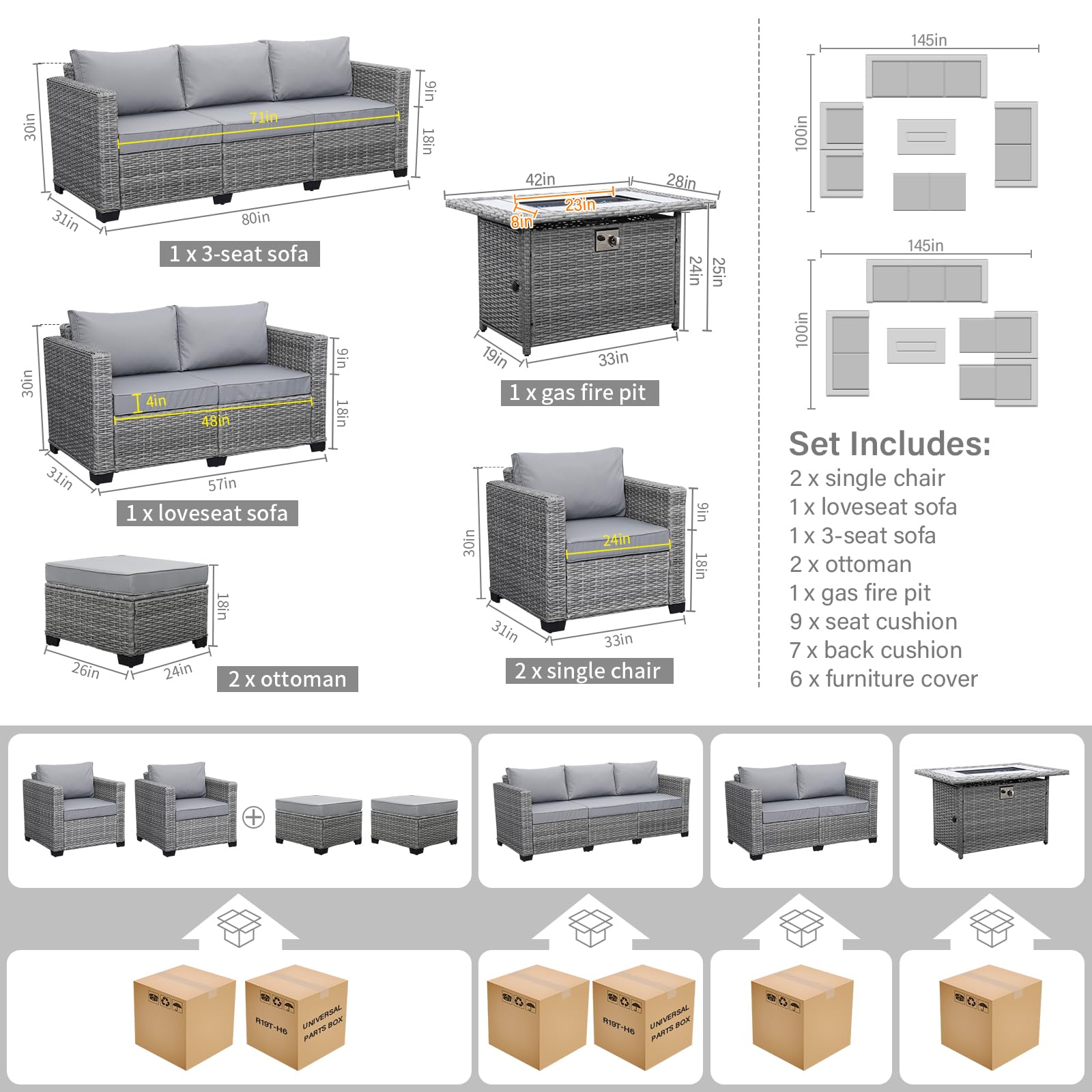 7-Piece Outdoor Patio Set with 60000 BTU Fire Pit Table
