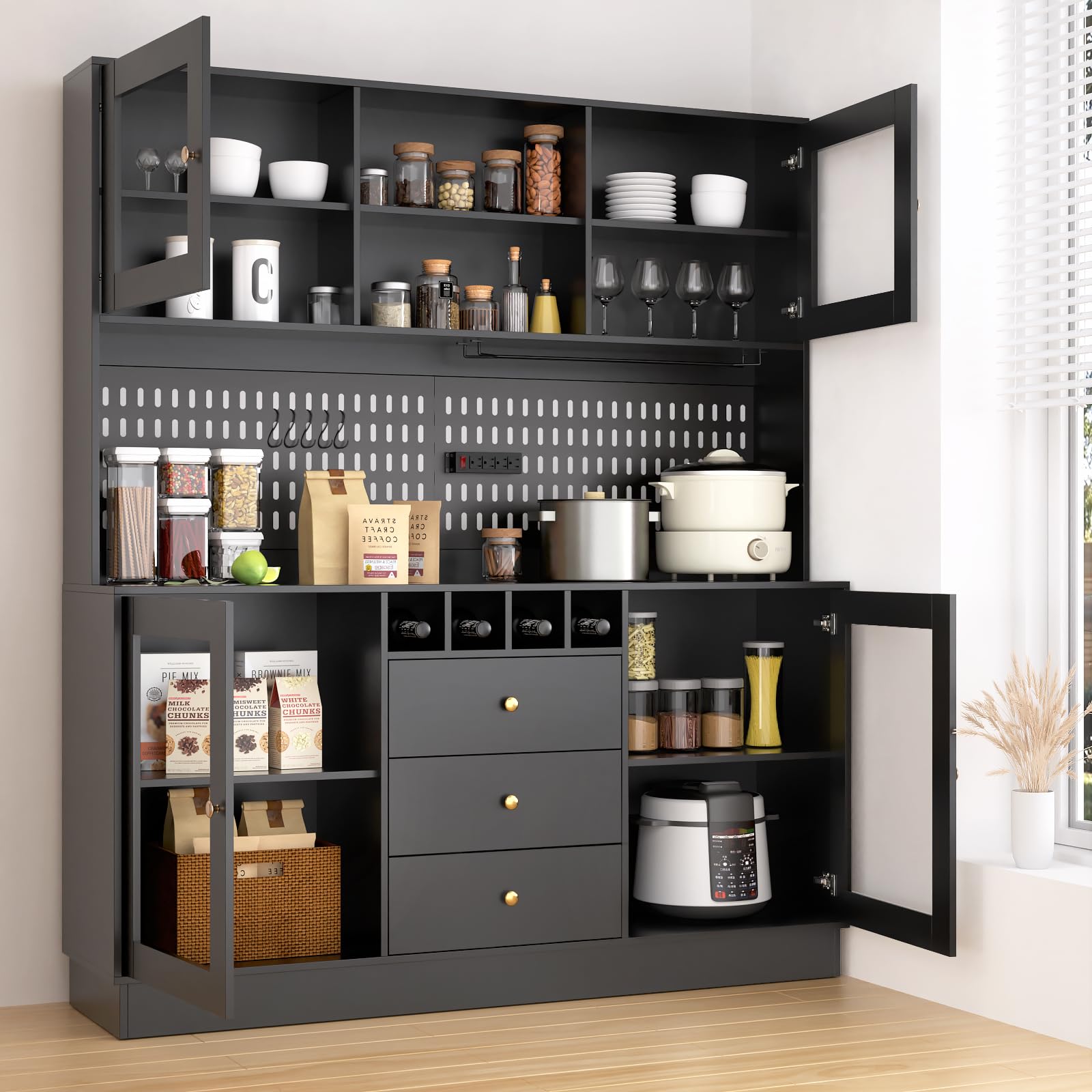 75" Tall Kitchen Hutch Cabinet with Pegboard