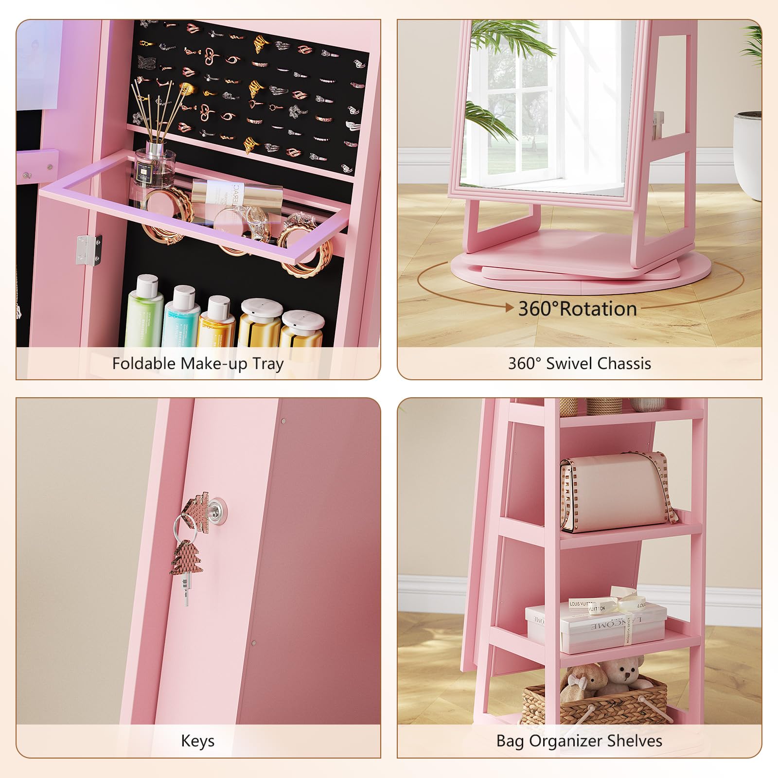 360° Swivel Jewelry Cabinet with Full Length Mirror and LED Lights