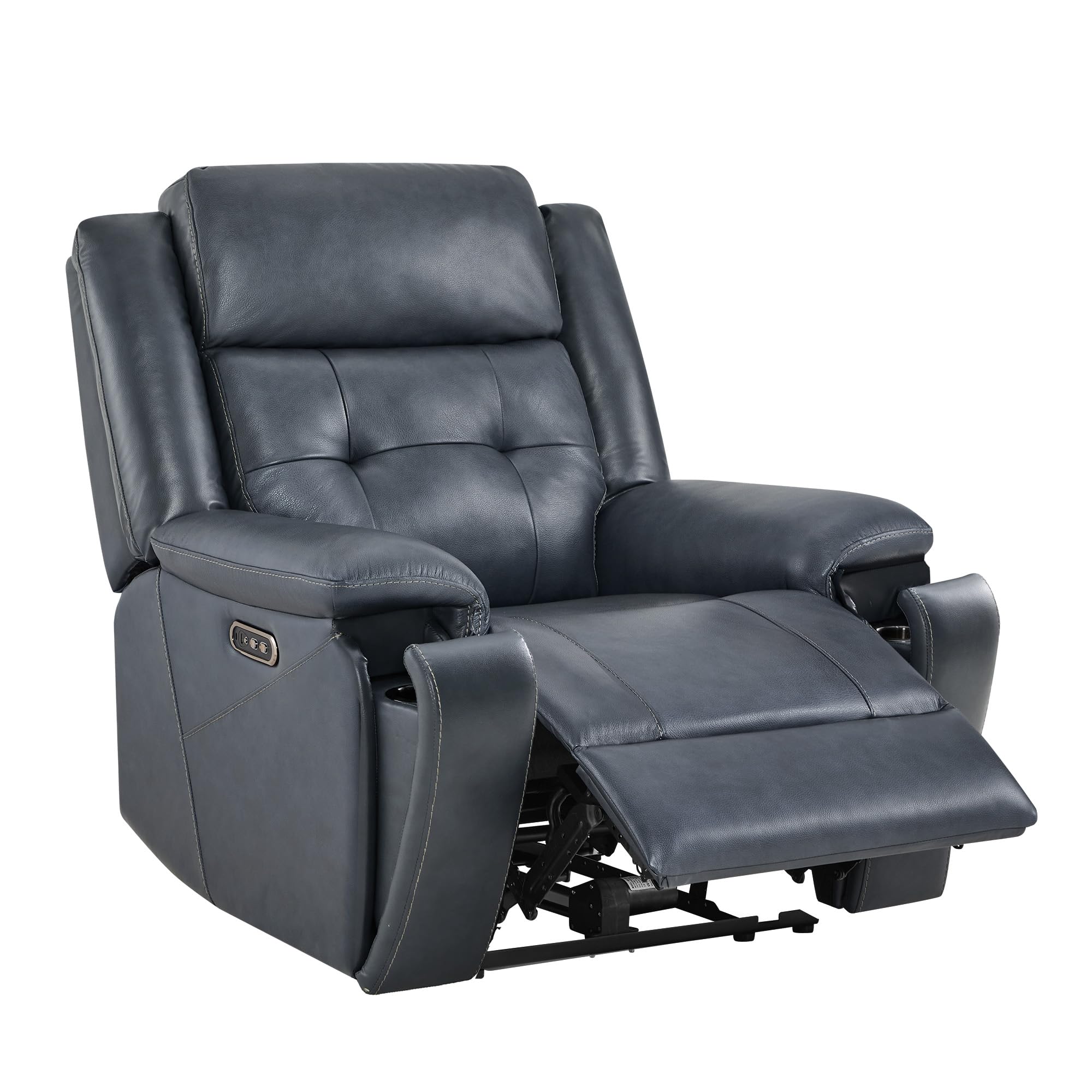 Watson & Whitely Genuine Leather Power Recliner Chair for Adults, Wall Hugger Recliner with Power Headrest, Cup Holders & Charging Ports, Electric Reclining Chairs for Living Room, RV, Navy Blue