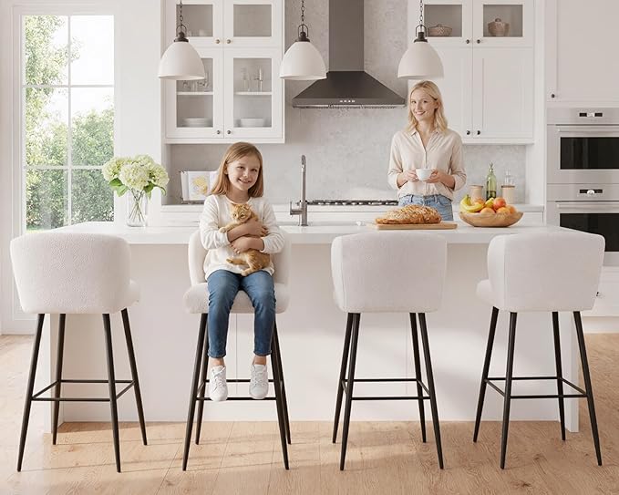 Counter Height Bar Stools Set of 2 - Sherpa Boucle Upholstered with Back