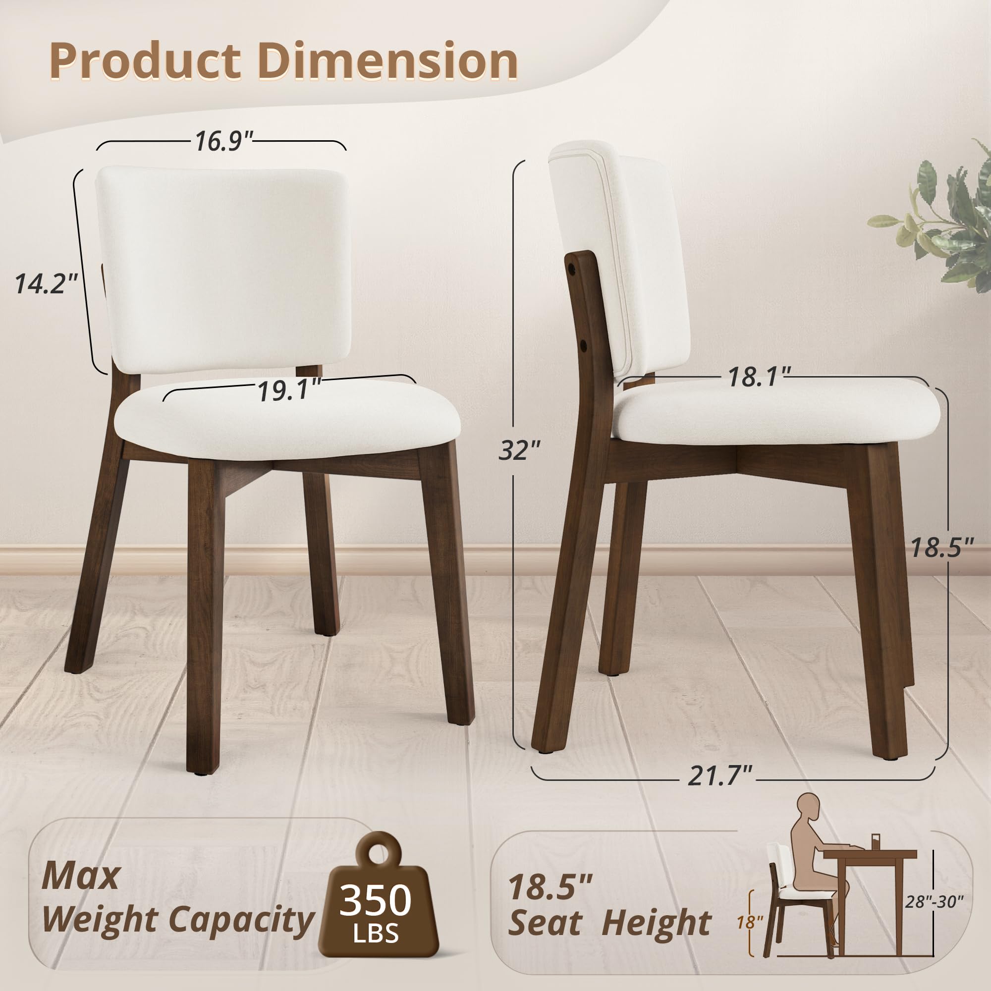 Wooden Dining Chairs Set of 4 - Beige Upholstered Wide Back