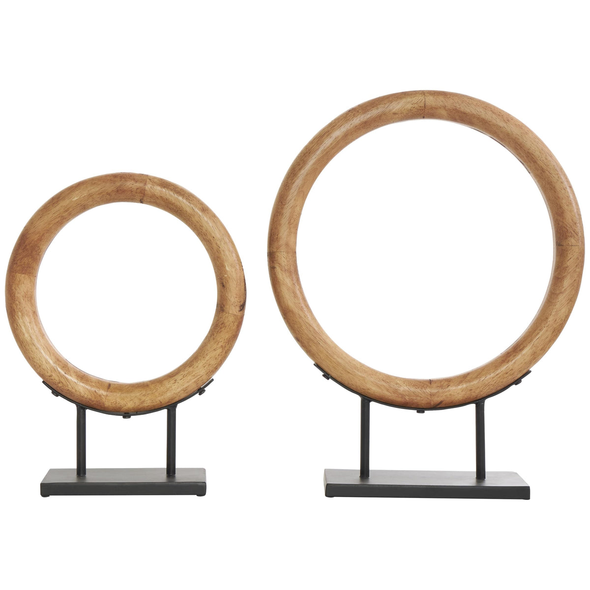 Wood Geometric Circular Ring Decorative Sculpture Set of 2
