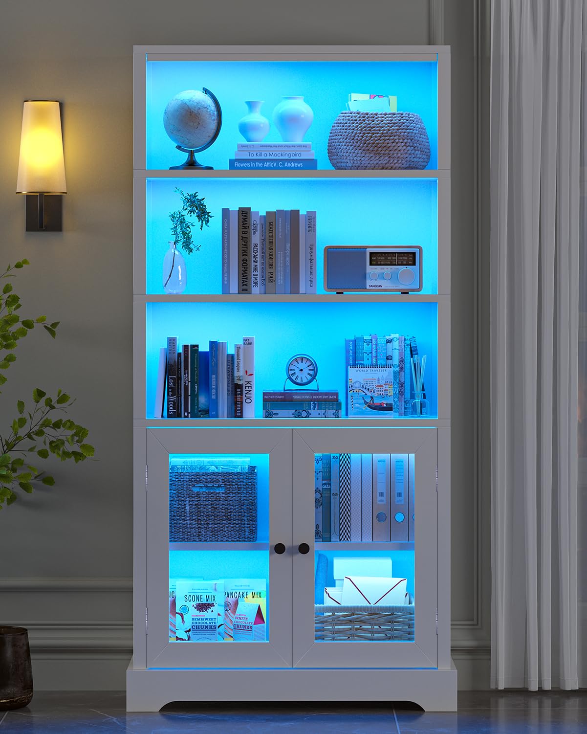 5-Tier Bookshelf with Multi-Color Ambient Lights and Cabinet Doors