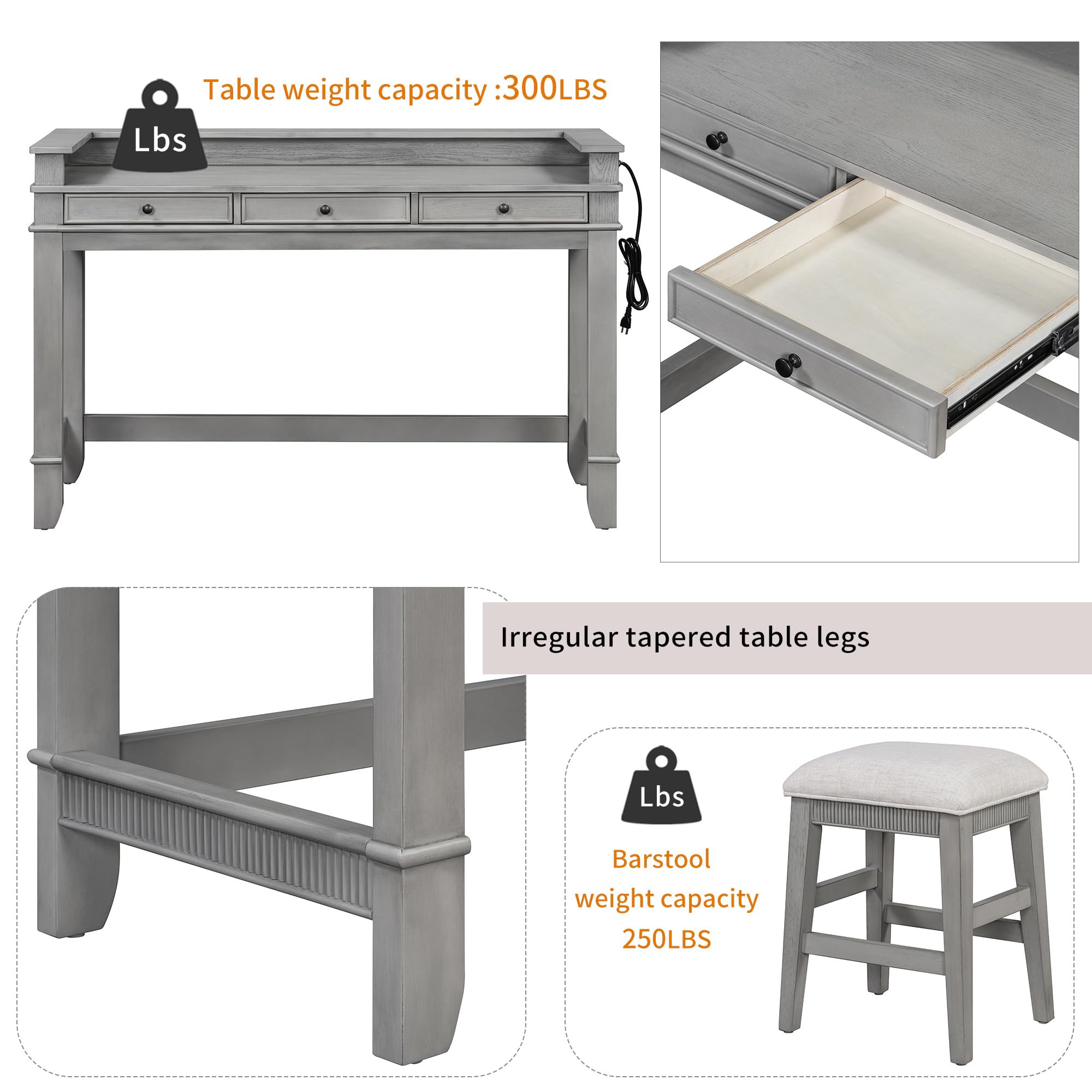 4-Piece Counter Height Dining Set with Charging Station and Storage Drawers