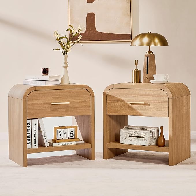 Night Stand Set of 2 with Drawer and Storage Shelf