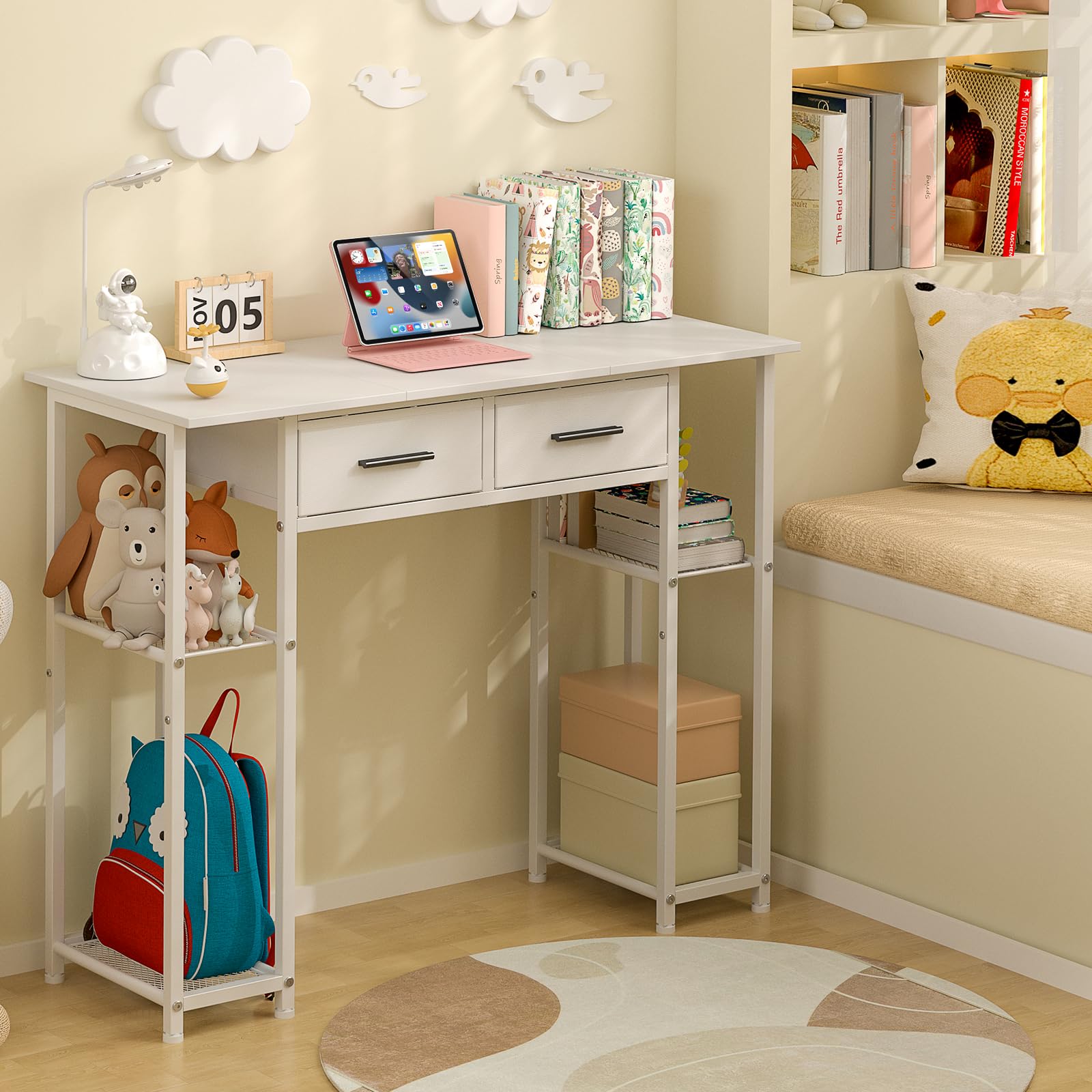 White Computer Desk with Storage Shelves and Drawers