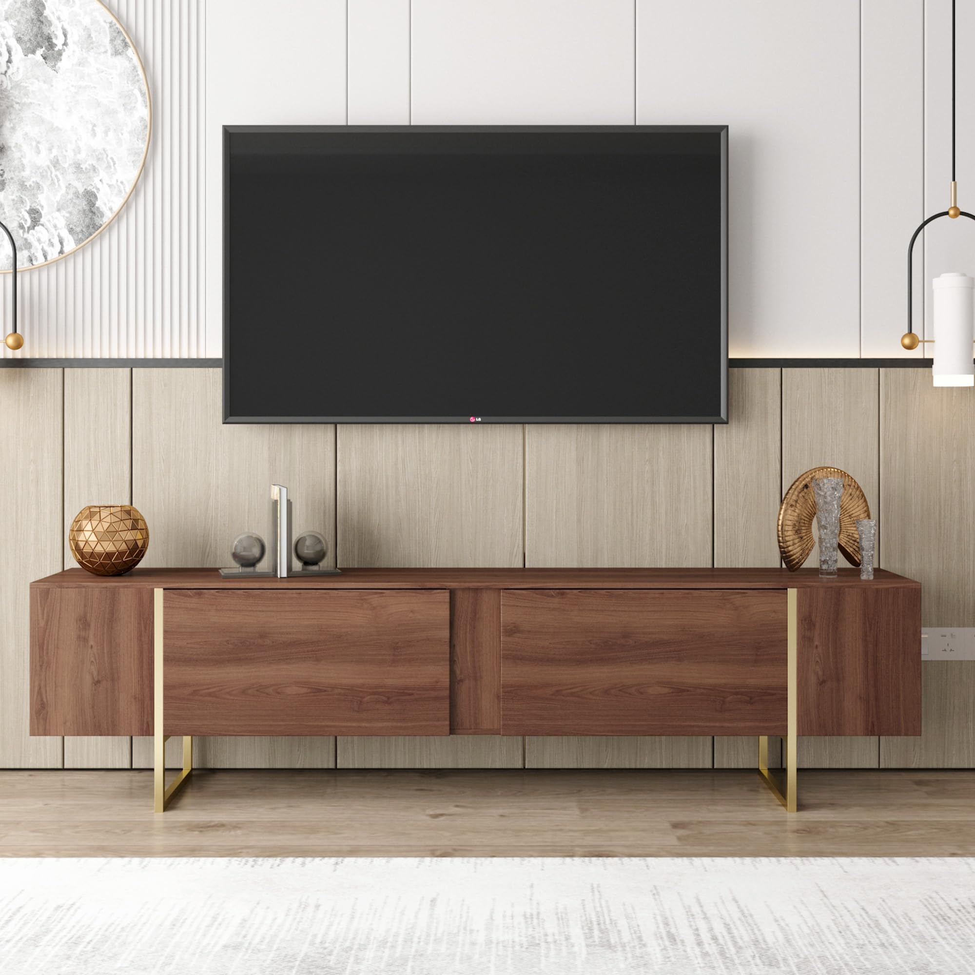 71" TV Stand with Gold Legs and Storage Doors