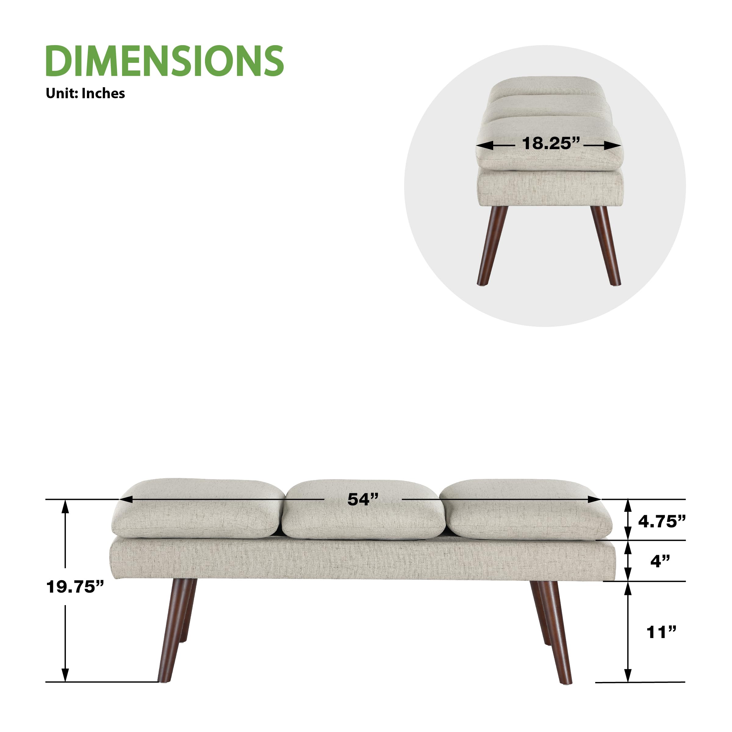 Amanda Mid-Century Modern Upholstered Bench 54-Inch Linen