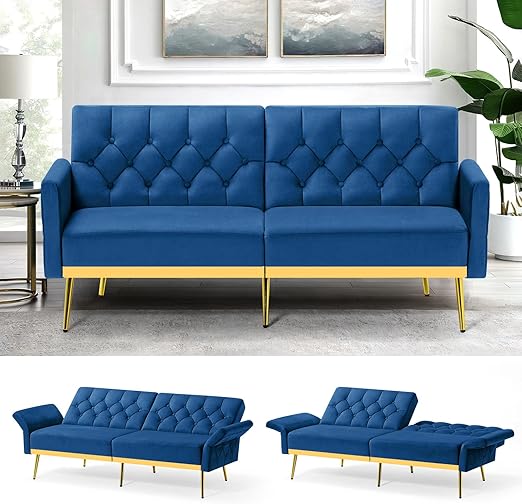 Velvet Futon Sofa Bed with Adjustable Armrests