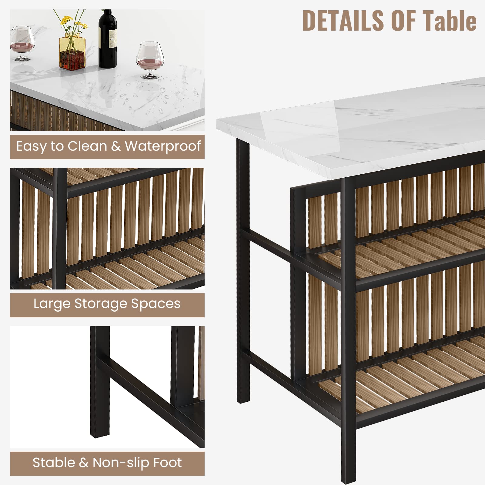 Lamerge 3 Piece Bar Table and Chairs Set,Industrial Kitchen Island Table with Storage and Seating,Faux Marble Kitchen Tables Set for 2 with Shelves,Counter Height Table Set for Small Space,White