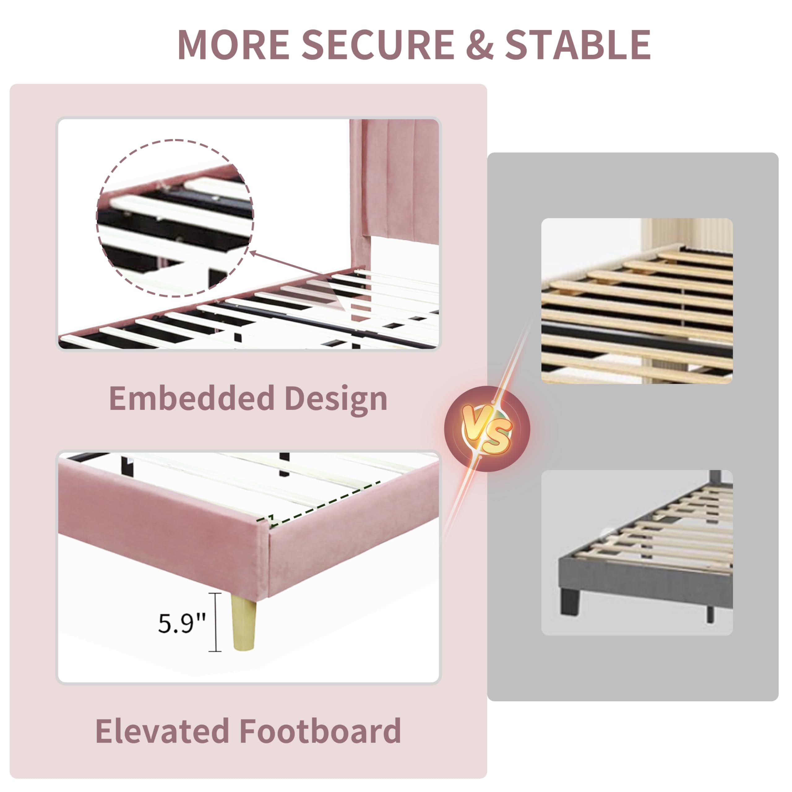 Pink Full Size Upholstered Platform Bed Frame with Wingback Headboard