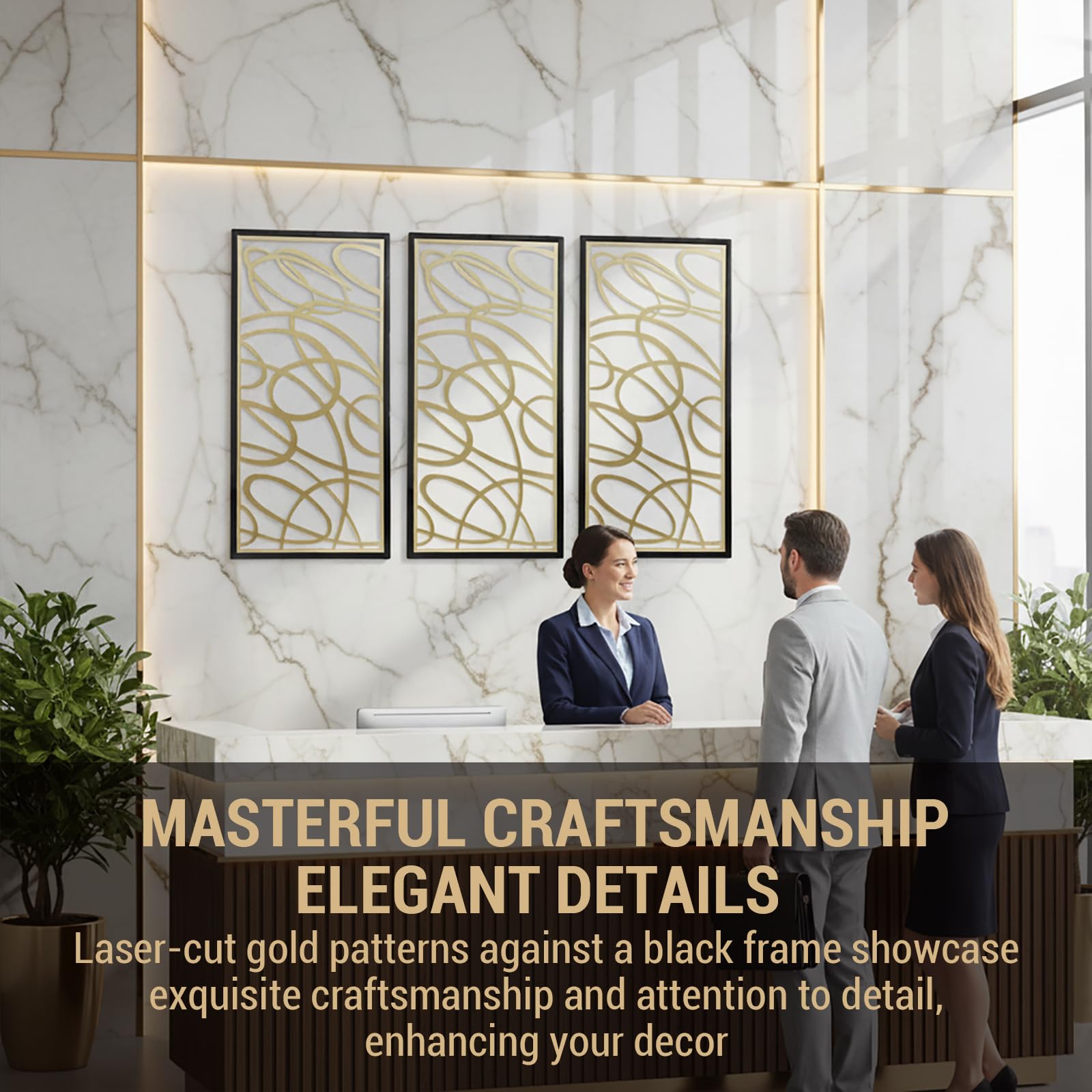 44 x 21 Inch Black Framed Gold Metal Abstract Laser Cut Panel Wall Art