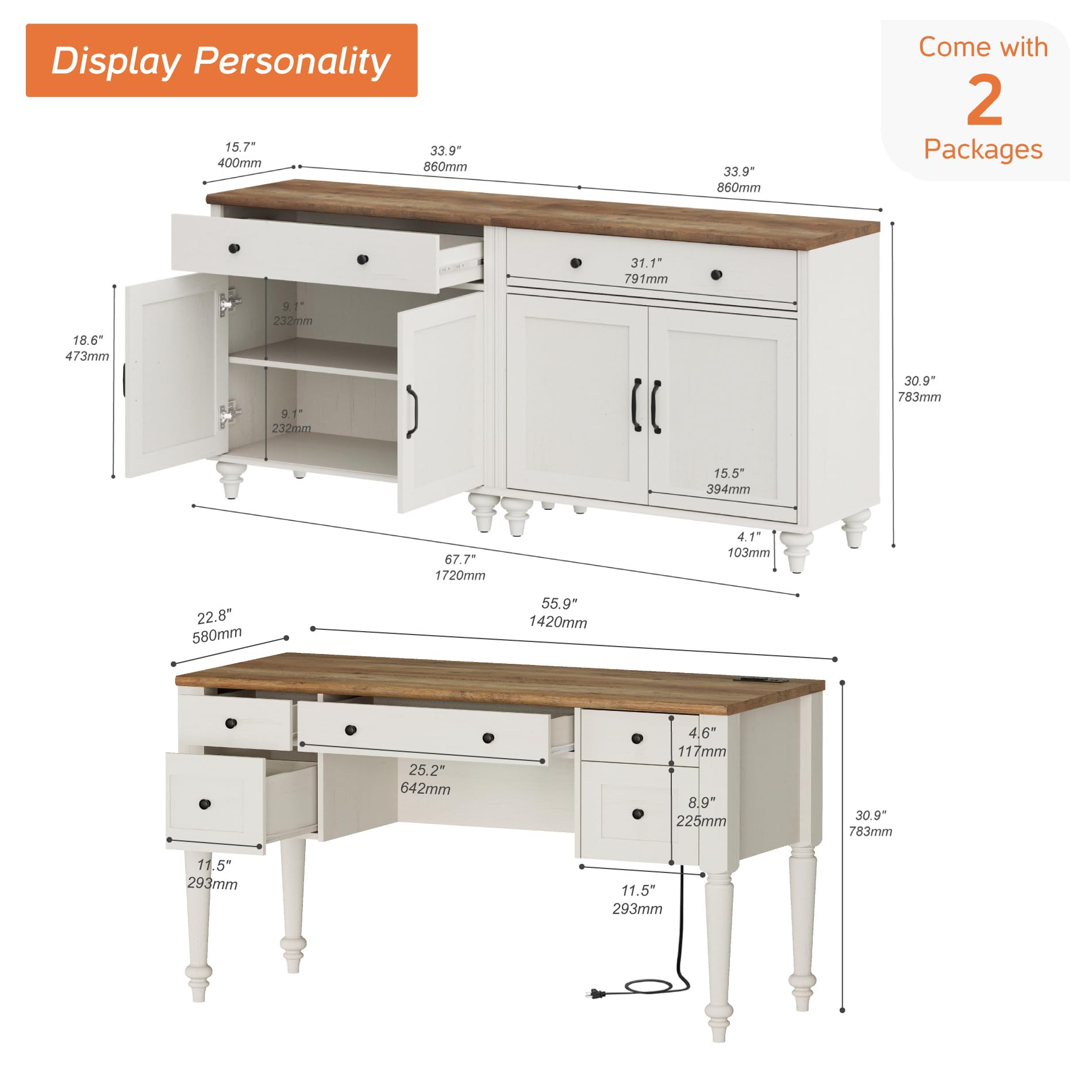 56" Executive Desk with Charging Station and File Cabinet Set