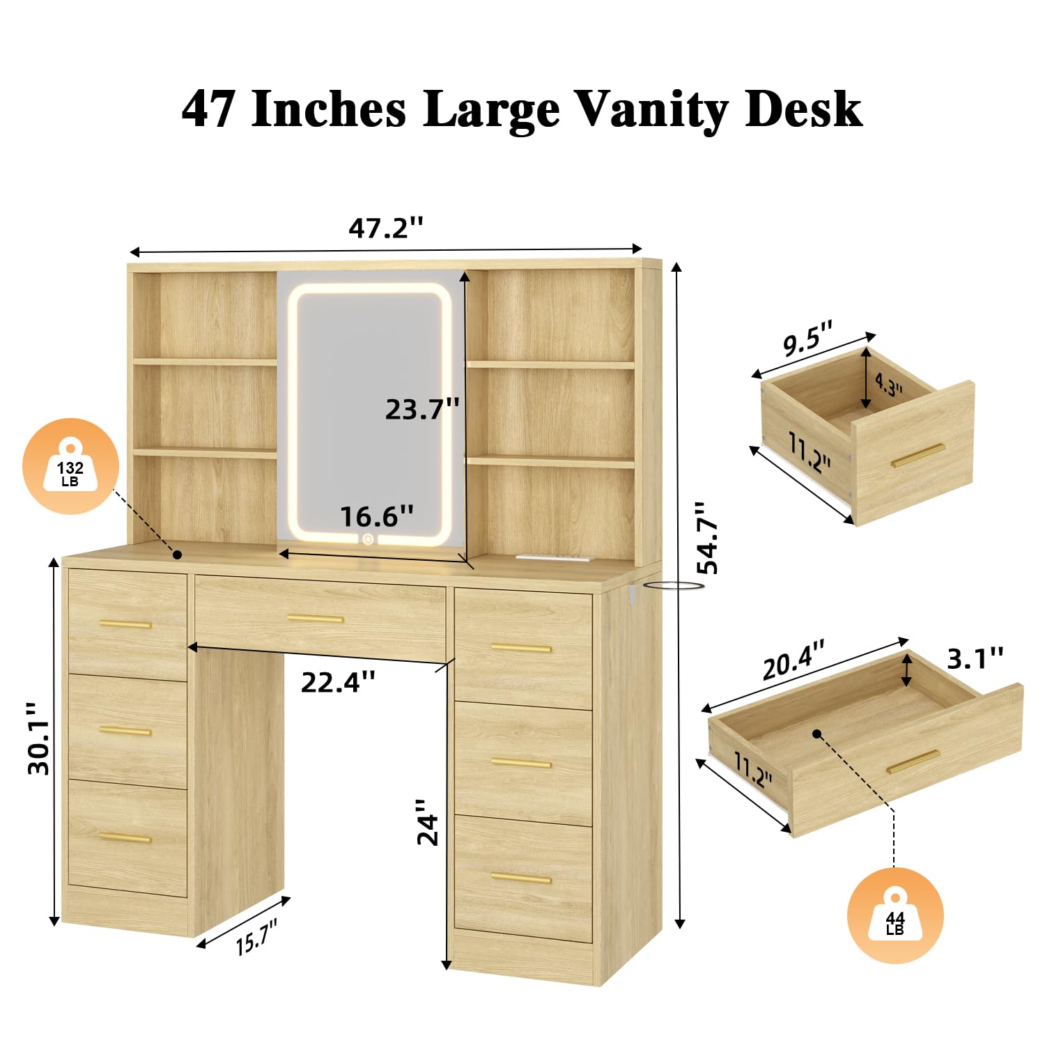 Large Vanity Desk with Mirror and Lights
