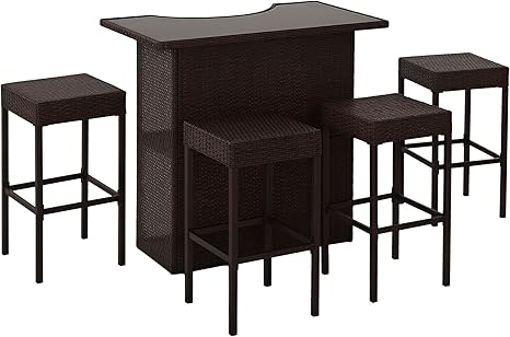 5 Piece Wicker Outdoor Bar Set with Glass Top
