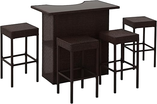 5-Piece Rattan Wicker Bar Set with Glass Top