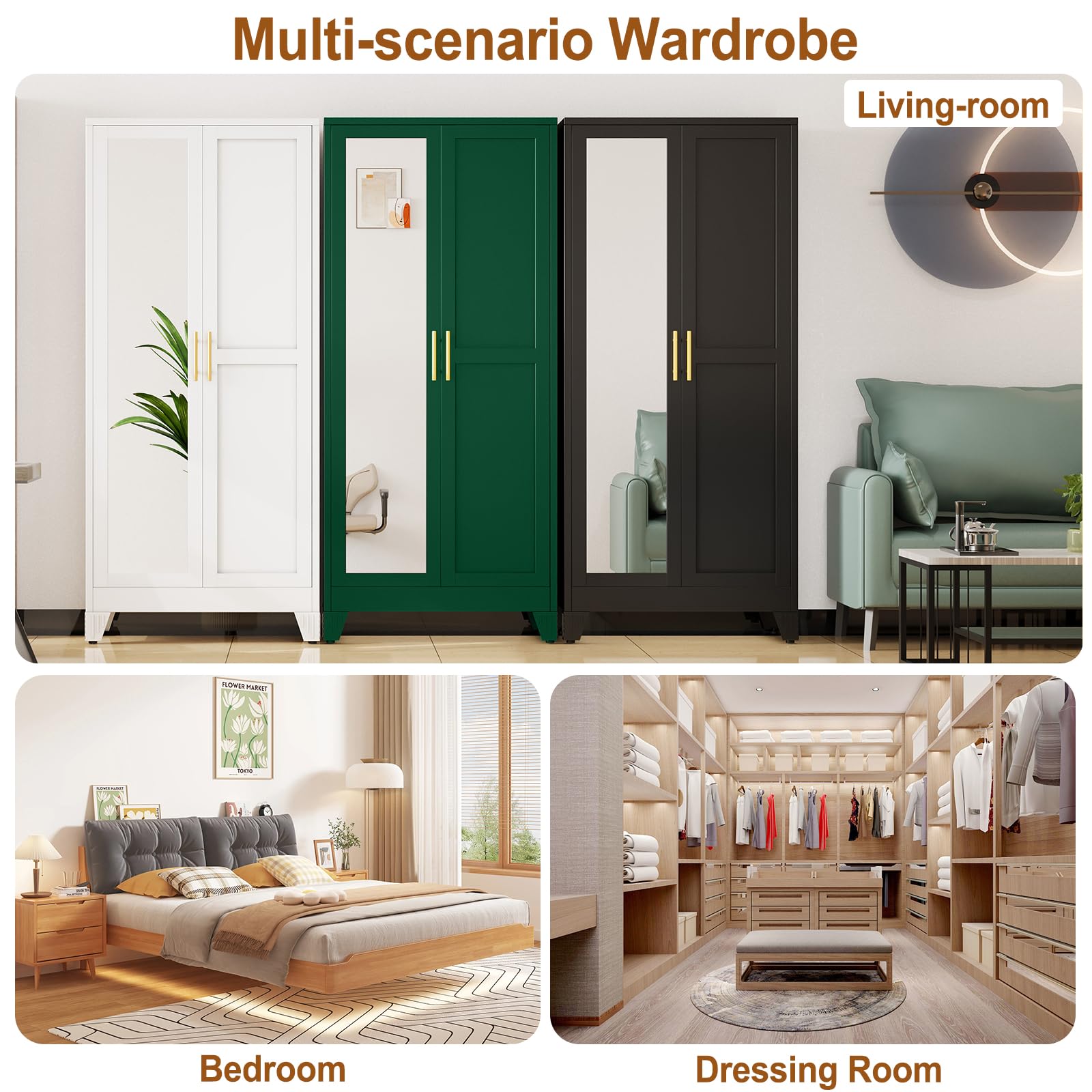 Metal Armoire Wardrobe Closet with Mirror and Hanging Rod